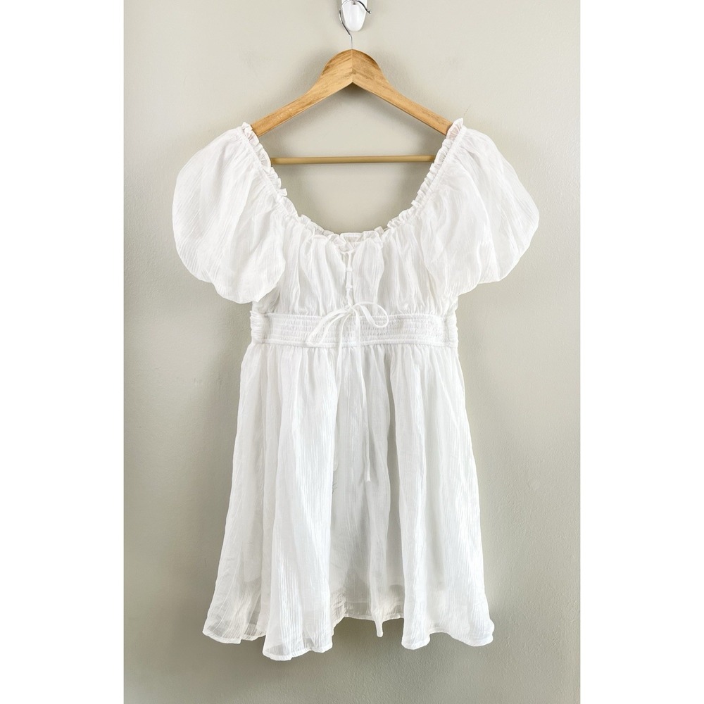 Ballon Sleeve Lace Up Back Mini Dress Coquette Soft Girl White Lined Sz M - Picture 7 of 10